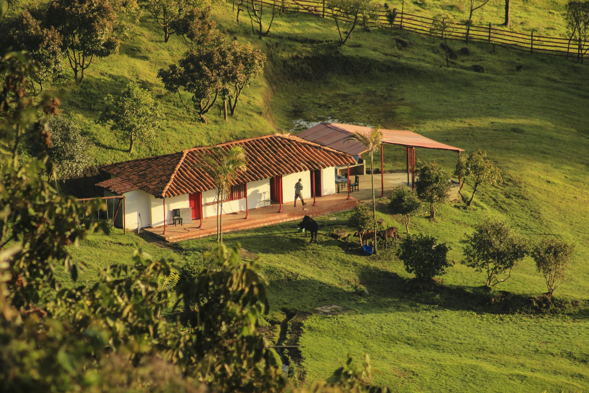 Finca rural en una ladera verde de Colombia